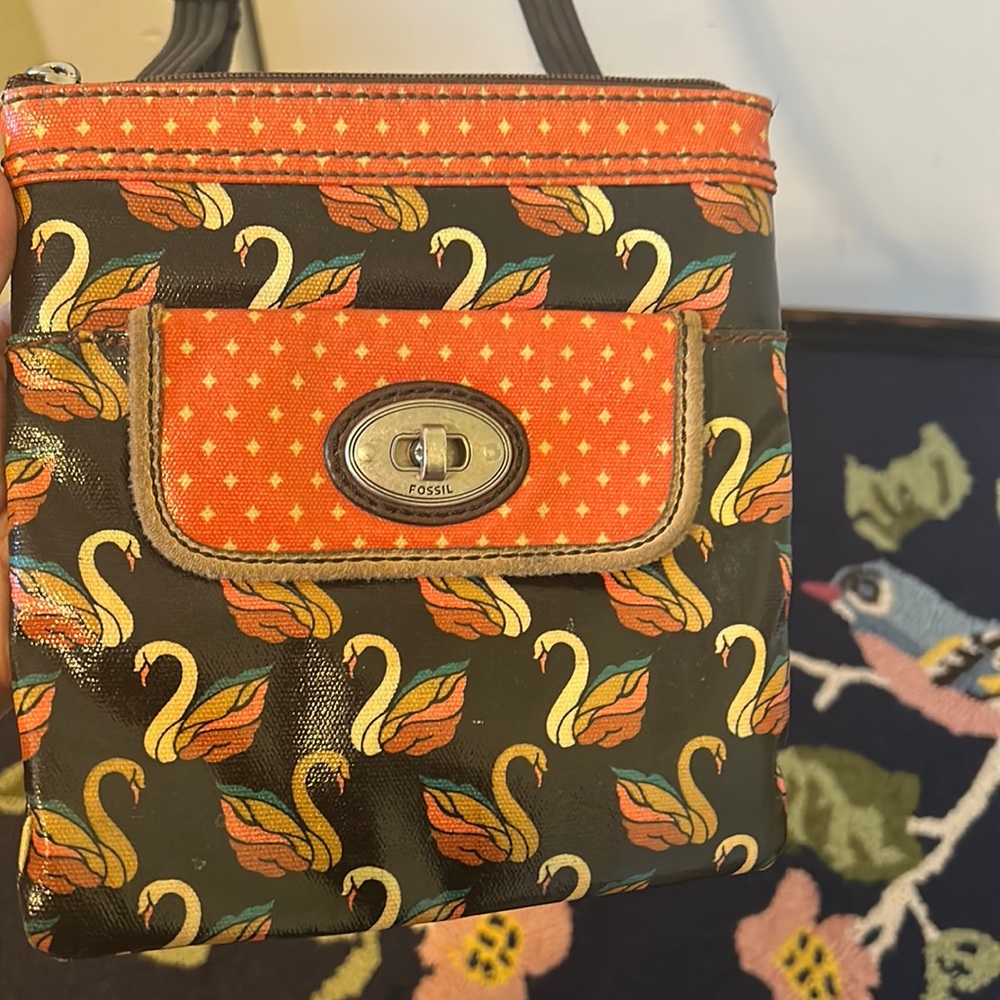 FOSSIL Swans Crossbody Purse Keyper Birds Bag zipper coated canvas